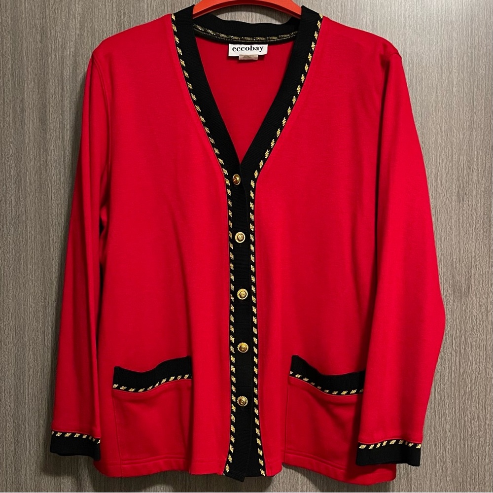 Vintage Eccobay Gold Tone Cardigan - Black Trim & Double Pockets - Size XL